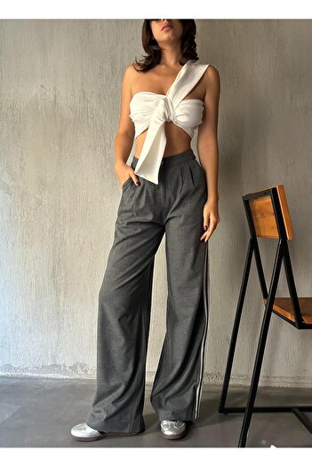 minaaise Women's Gray Striped Side Ribbed Polyviscose Palazzo Trousers 28262