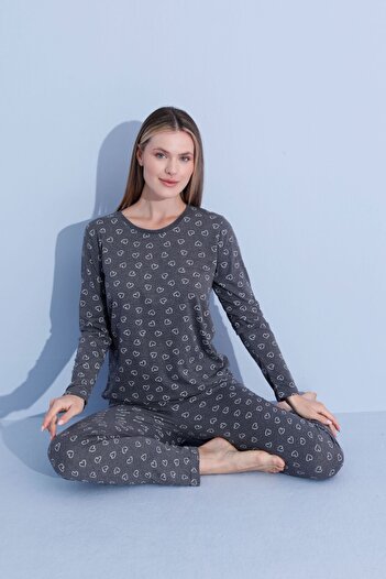 PİJAMOOD Gray Patterned Cotton Women's Long Sleeve Pajamas Set
