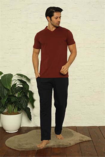Akbeniz Men's Claret Red V-Neck 3-Piece Pajama Set 6822