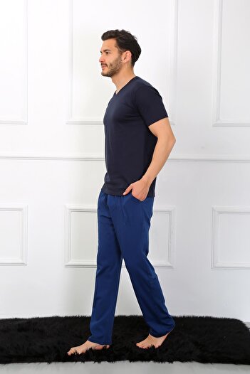 Akbeniz Erkek Penye 3'lü Lacivert V Yaka Pijama Takımı 6822