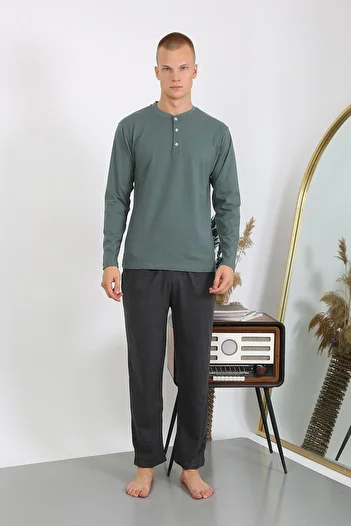 Akbeniz Khaki Men's Combed Cotton Pajama Set - Long Sleeve 6860