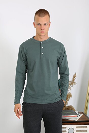 Akbeniz Khaki Men's Combed Cotton Pajama Set - Long Sleeve 6860