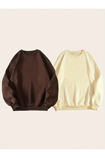 QUEENSTOWN Unisex μονόχρωμο φούτερ 2 τεμαχίων καφέ/μπεζ με λαιμόκοψη
