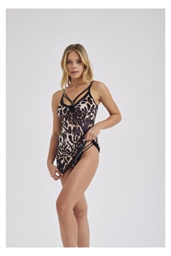 MOONLİGHT Moonlight 304 Leopar Fantezi Kadife Sırt Detaylı Gecelik String Takım