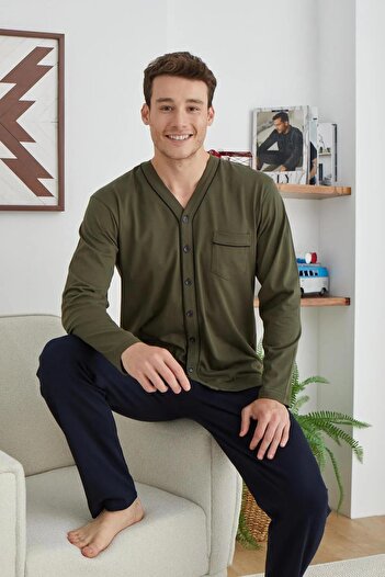 KLY 6007 Khaki Cotton V-Neck Front Buttoned Men's Pajama Set