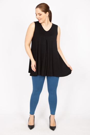 Şans Γυναικεία Μαύρη Plus Size Μπροστινή A Πλισέ Μπλούζα 65n35858