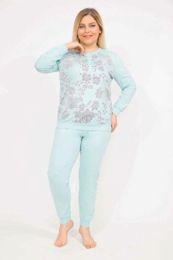 Şans Women's Green Large Size Cotton Fabric Blouse Trousers Pajama Set 65n35795
