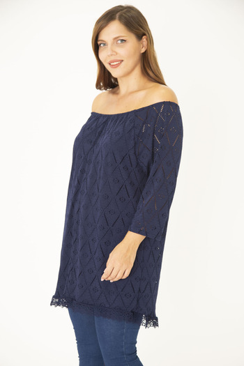 Şans Women's Large Size Navy Blue Perforated Fabric Lined Tunic with Elastic Collar 65N36953