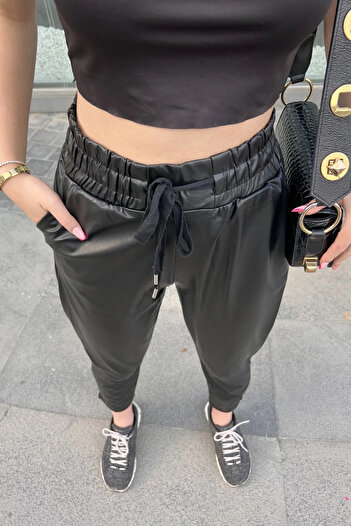 Qaju Women's Elastic Waist Leather Trousers