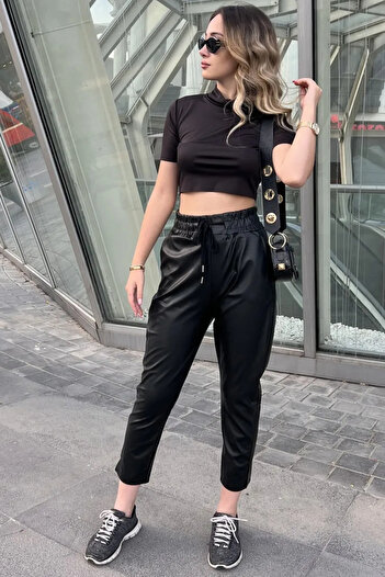 Qaju Women's Elastic Waist Leather Trousers