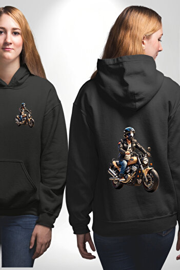 Angemiel Helmet Patterned Black Hooded Sweatshirt - Motorcycle World Tour, Pocket and Back Printed, Unisex