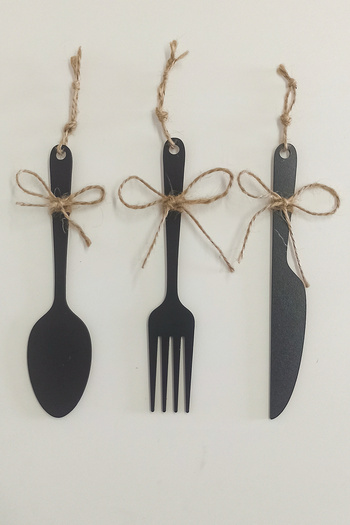Kuzeylina 3 Parça Dekoratif Ahşap Çatal-Kaşık-Bıçak Seti Mutfak, Kahve Köşesi, Raf, Askı Süsü, Dolap,(19 cm)