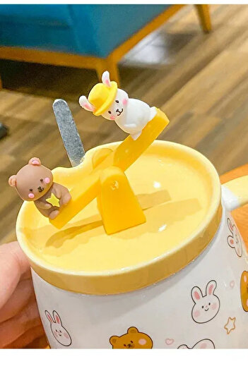HUN Cute Design - Bunny Figured Mug with Ceramic Lid and Spoon Yellow