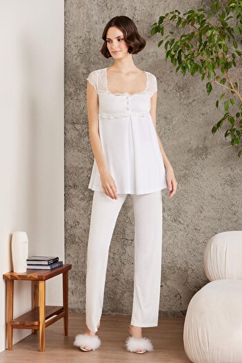 Pierre Cardin Dantelli Penye 3'lü Lohusa Pijama Takımı - 2805 Ekru