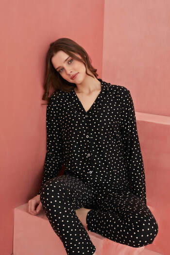 ELİTOL Black Point Patterned Front Buttoned Suede Pajama Set
