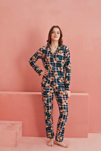 ELİTOL Green Plaid Bear Patterned Front Buttoned Suede Pajama Set
