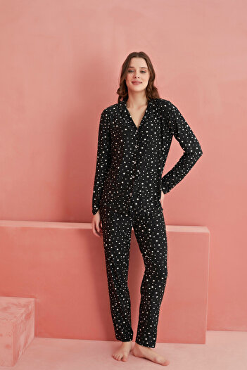 ELİTOL Black Star Patterned Front Buttoned Suede Pajama Set