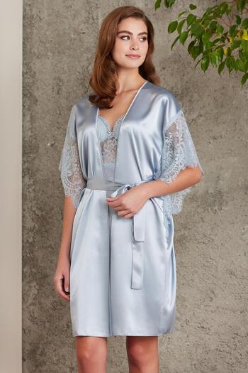 Pierre Cardin Saten Dantelli Kadın Gecelik Ve Sabahlık Takımı - 4490 Mist