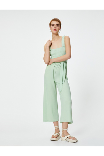 Koton Square Collar WiDe Leg Jumpsuit - ThicK Straps, Short Straight