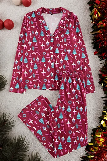 Trendyol Collection Christmas Themed Claret Red Knitted Pajamas Set - 100% Cotton Thmaw24Pt00054