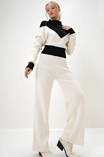 Trend Alaçatı Stili Ecru Women's Sweater and Palazzo Pants Set - Half Turtleneck, Color Block Alc-X13011