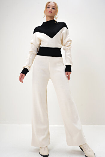 Trend Alaçatı Stili Ecru Women's Sweater and Palazzo Pants Set - Half Turtleneck, Color Block Alc-X13011