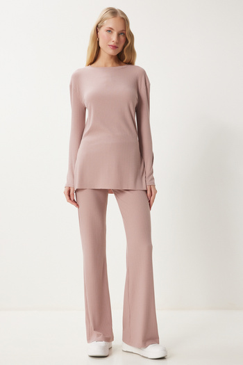 Happiness İstanbul Comfortable Corduroy Women's Knitted Set - Powder Blouse and Trousers Ow00054