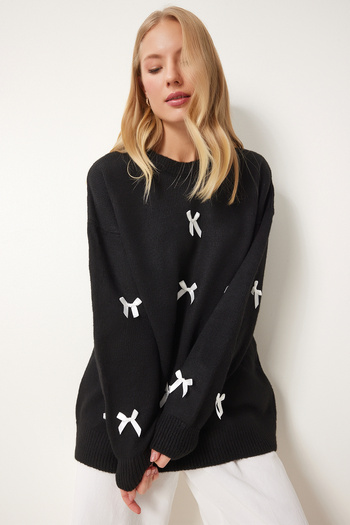 Happiness İstanbul Women's Black Bow Knitwear Sweater Sv00013