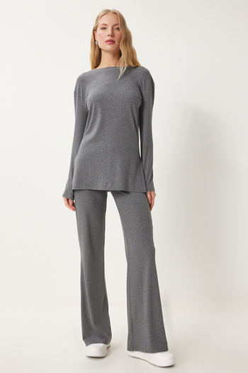 Happiness İstanbul Gray Comfortable Corduroy Women's Blouse and Trousers Set - Ow00054