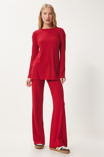 Happiness İstanbul Women's Red Knitted Blouse and Trousers Set - Comfortable Corduroy Ow00054