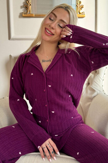 Pijamaevi Plum Jantung Patterned Front Buttoned Plush Fleece Pajama Set