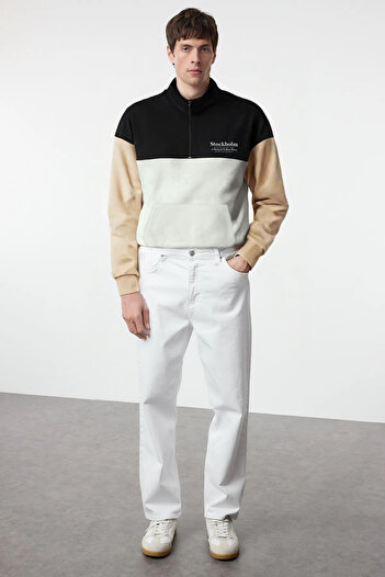 Trendyol Collection Ecru Oversize/Wide Cut Color Block Stand Collar Zipperless Sweatshirt Tmnaw25Sw00052