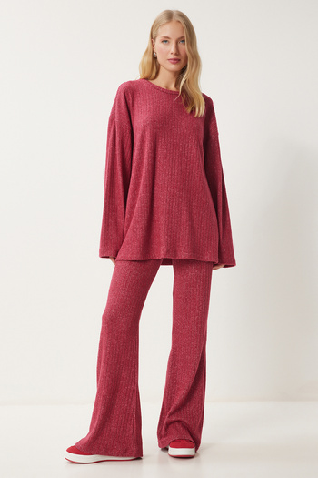 Happiness İstanbul Women's Red Comfortable Corded Knitted Blouse Trousers Set Rg00047