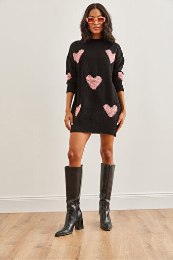 Olalook Women's Black Heart Detailed Soft Textured Knitwear Tunic Dress Elb- 19002284