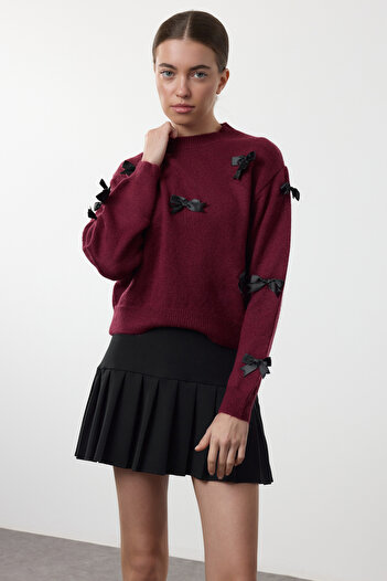 Trendyol Collection Πλεκτό πουλόβερ με απαλή υφή Claret Red - Κορδέλα/Φιόγκος Λεπτομέρεια TWOAW25KZ00155
