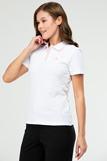 speedlife White Slim Fit Basic 100% Cotton Short Sleeve Polo Collar Women's T-Shirt Sf0684