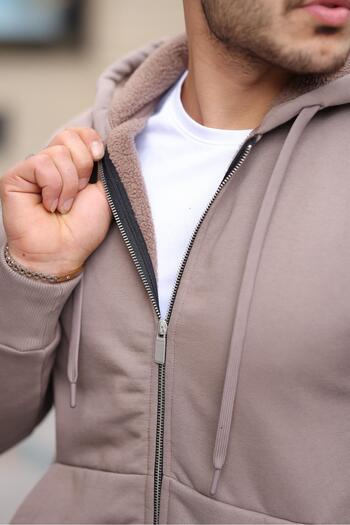 Valiberta Plush Inside Three Yarn Fabric Oversized Zippered Hooded Sweatshirt - Beige