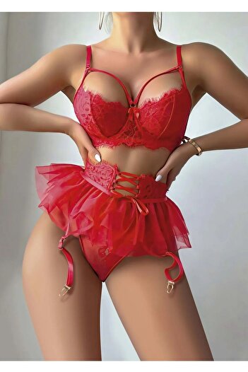 DOSESA Fancy Red New Year's Special Sexy Costume Tulle Skirt Bustier Suit with Garter