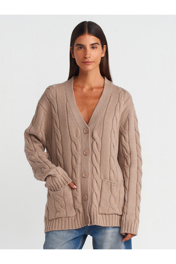 Dilvin 60266 V-Neck Hair Knit Buttoned Knitwear Cardigan-Dark Mink