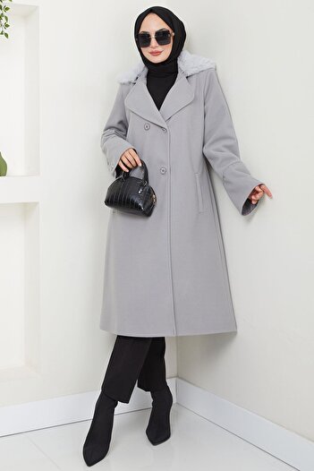 hafsamina Gray Stamp Coat - Fur Detailed Collar, Hm2583
