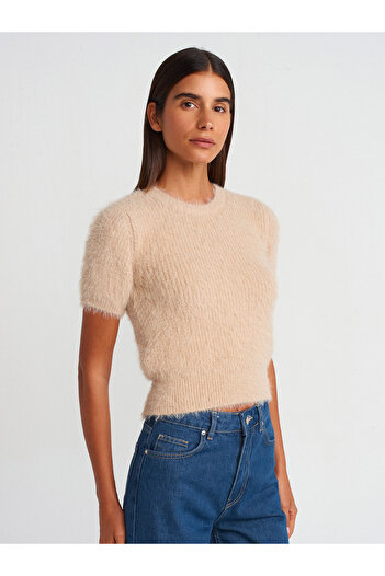 Dilvin 10648 Beige Crew Neck Soft Textured Shiny Knitwear Sweater