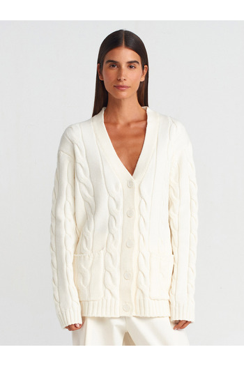 Dilvin 60266 V-Neck - Ecru Knitwear Cardigan with Hair Braid Detail