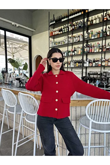 Puella Women's Gold Button Pocket Detailed Blazer Crop Jacket Women's Cardigan