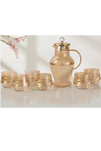 morponi Borosilikat Cam Amber Gold Kapaklı Lüks Karaf & 6 Adet Bardaklı 1680 Ml
