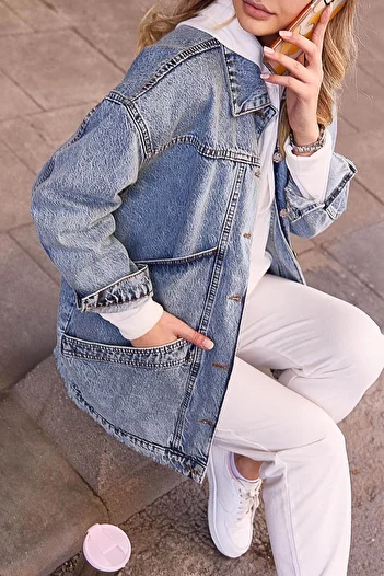 ÇEÇİM Plain Shirt Collar Women's Blue Denim Jacket Zyn-58742