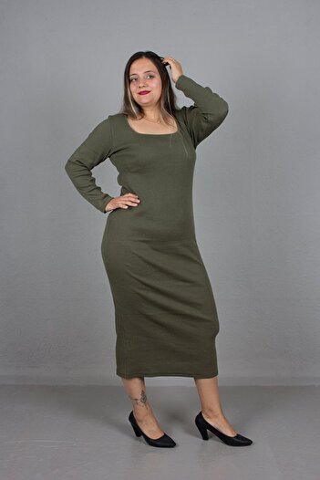 Truva XXL Large Size Square Collar Ribbed Dress