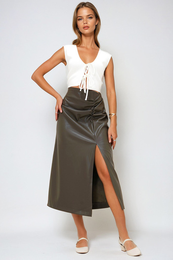 VAGGON Women's Khaki Slit Faux Leather Skirt with Draped Waist Prm1282