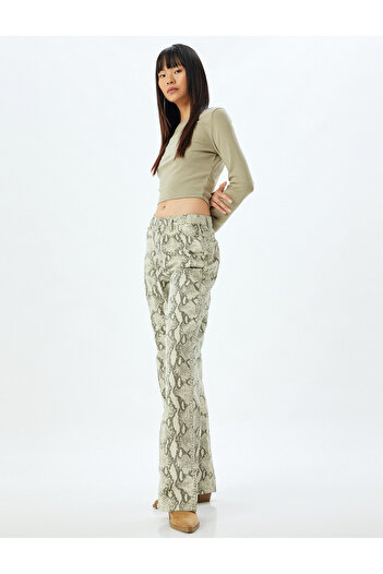 Koton Cotton Snakeskin Patterned Straight Leg Trousers - Buttoned Pocket