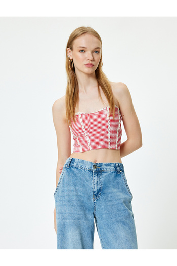 Koton Strapless Lace Detailed Crop Bustier - Gingham and Elastic Slim Fit