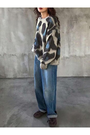 tilvess Kadın  LEOPAR desenli Yumoş Oversize  Triko Kazak